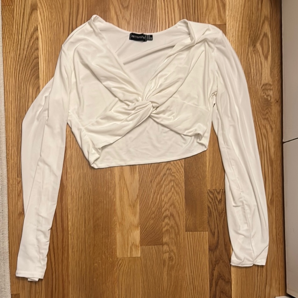 PrettyLittleThing White Long Sleeve Twist Front Top